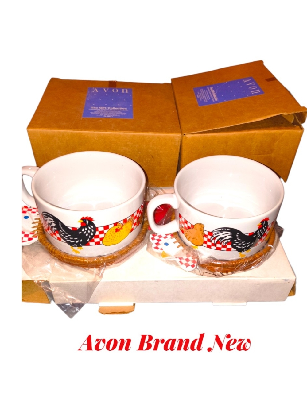 Avon Ceramic Rooster Soup Mugs in White, Red & Black (Pair)